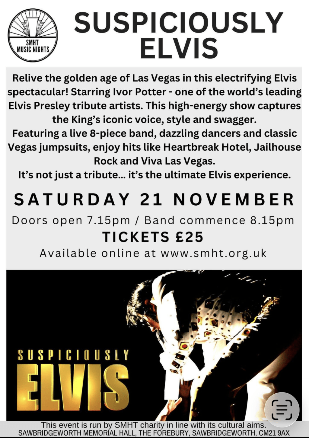 Suspiciously Elvis at the Sawbridgeworth Memorial Hall 21st November&nbsp;2026